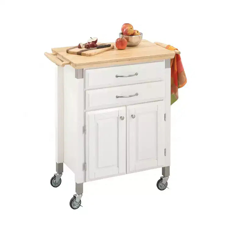 Home Styles Small Dolly Madison Kitchen Cart with Natural Top Off White: Mobile Storage Hardwood Frame 2 Drawers & Doors