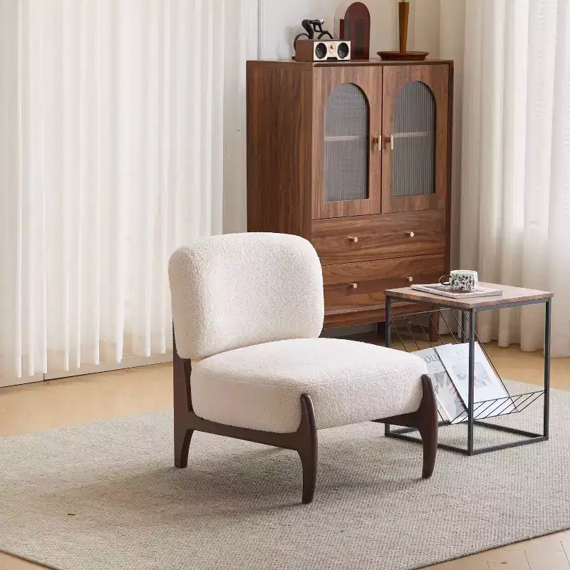 Fauteuil de salon en bois d'hévéa avec coussins en peluche de laine