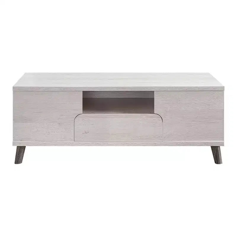 Frelmer 1 Drawer Coffee Table White Oak/Distressed Gray - miBasics: Mid-Century Modern Flared Legs Fixed Shelves