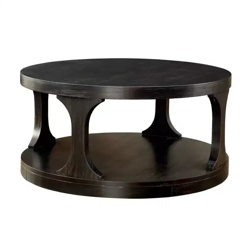 HOMES: Inside + OutSande Farmhouse Round Wood Coffee Table Antique Black: Fixed Shelf Transitional Style