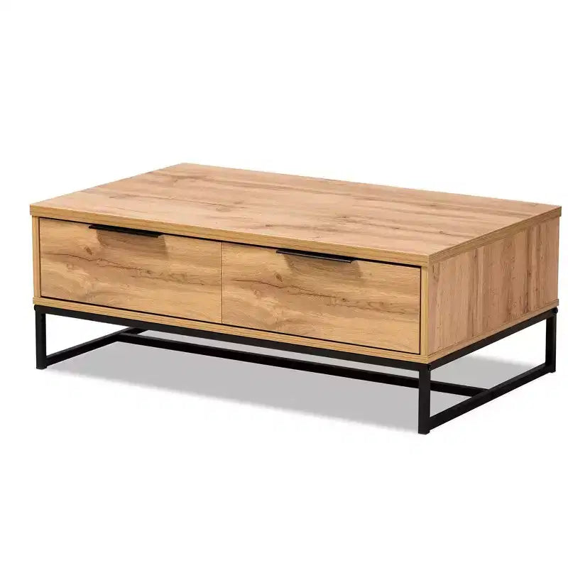 Franklin Wood and Metal 2 Drawer Coffee Table Oak/Black - Baxton Studio: Large Storage Modern Design