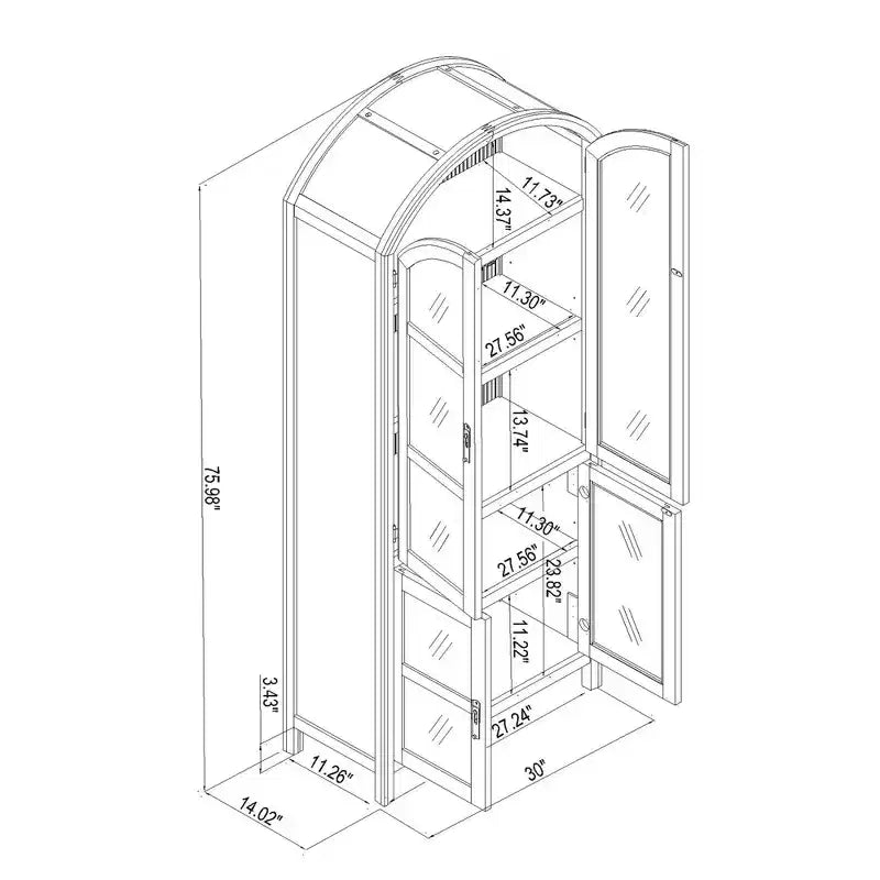 Enfilade en bois à quatre portes cintrées avec vitres encastrée