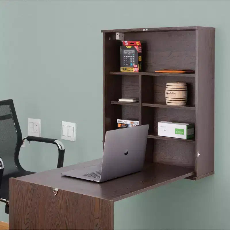 Bureau mural rabattable pour ordinateur portable avec étagères