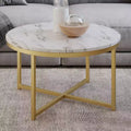 Lavish Home Round Coffee Table with Faux Mable Top and Metal Crossbeam White/Gold