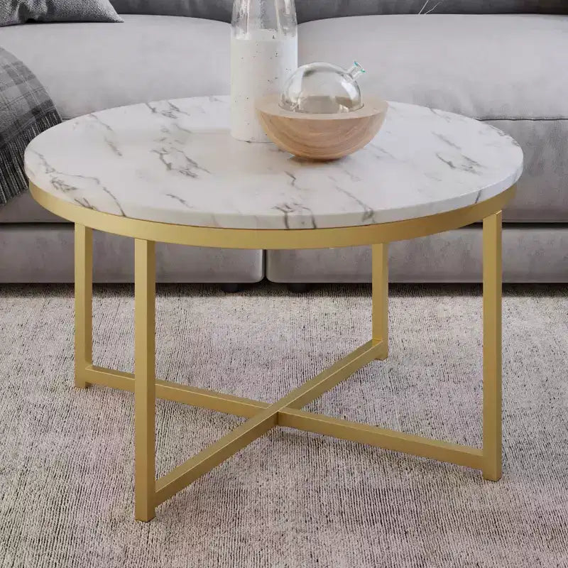 Lavish Home Round Coffee Table with Faux Mable Top and Metal Crossbeam White/Gold